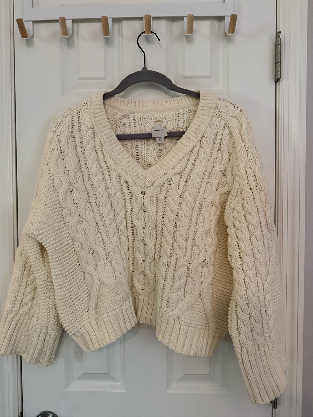 Maeve Cream Cable-Knit V-Neck Sweater